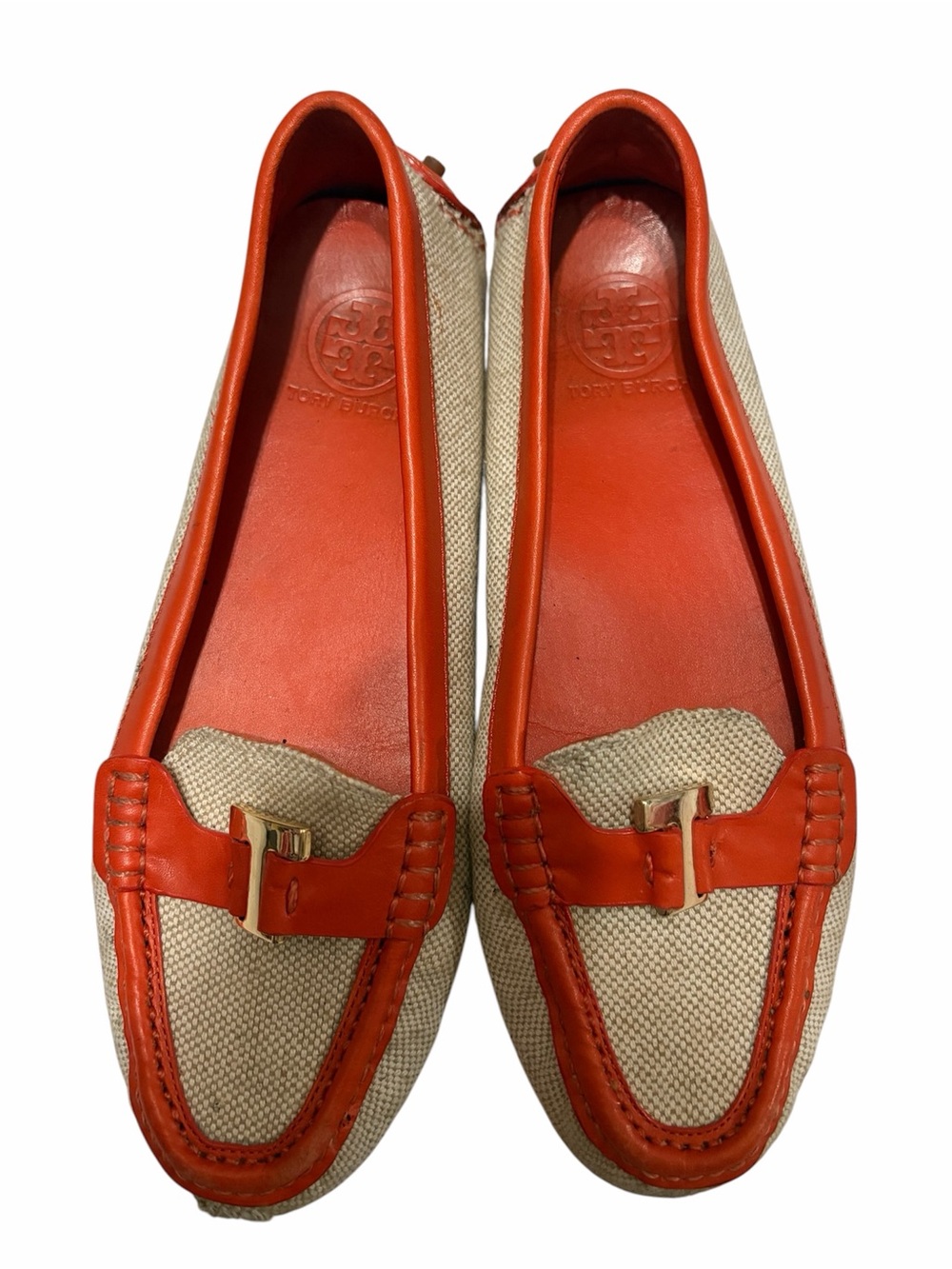 Tory Burch Beige Canvas & Orange Leather Slip-On Loafers